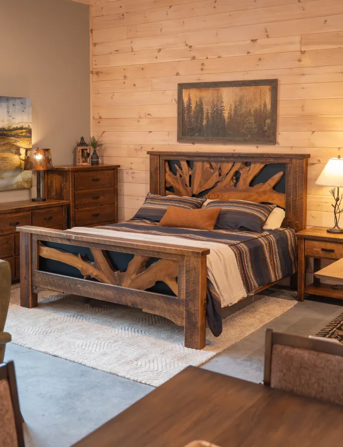 rustic modern bedroom set with a teak root in the headboard and teak root in the footboard