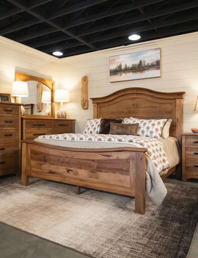 farmhouse bedroom set made with rustic hickory with a matte finish