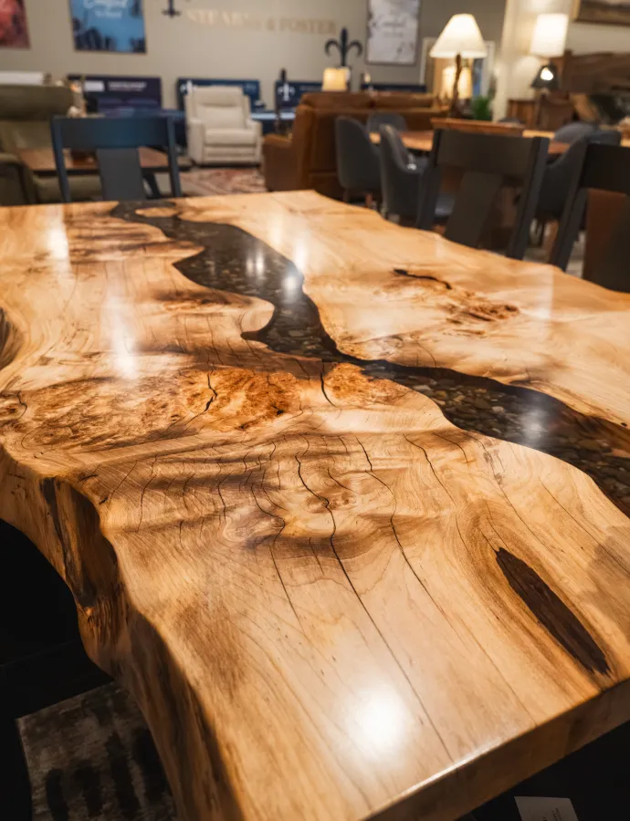 live edge maple slab epoxy dining table with river rocks