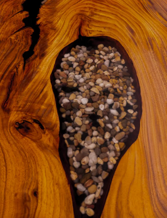 river rock epoxy slab in black walnut
