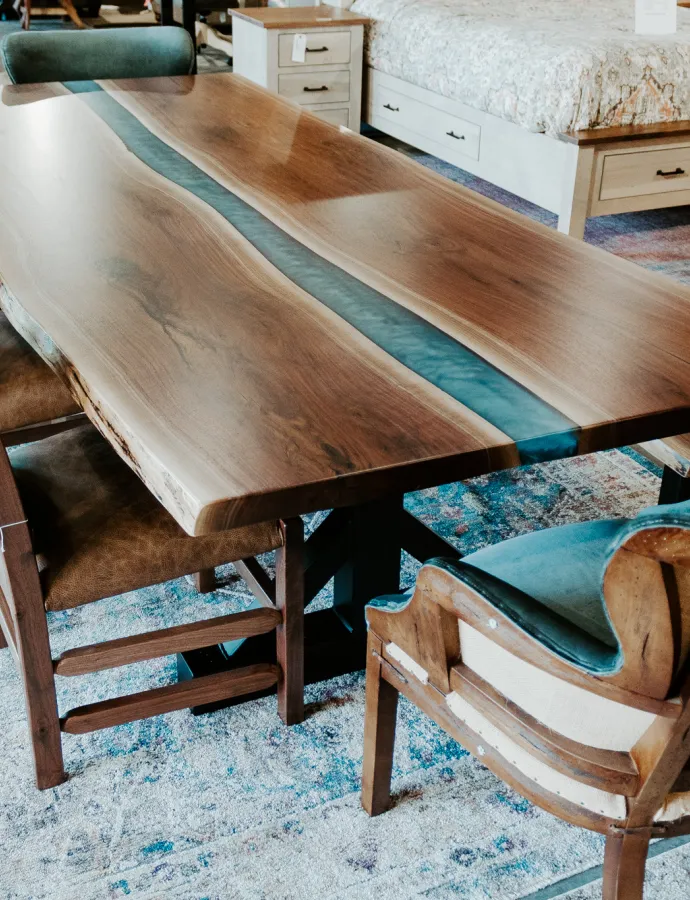 Blue Epoxy River Walnut Slab Dining Table