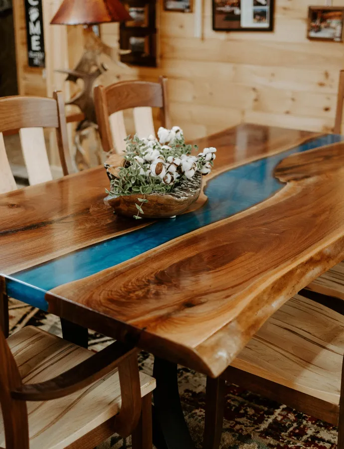 Rustic Walnut Slab Dining Table Blue Epoxy River