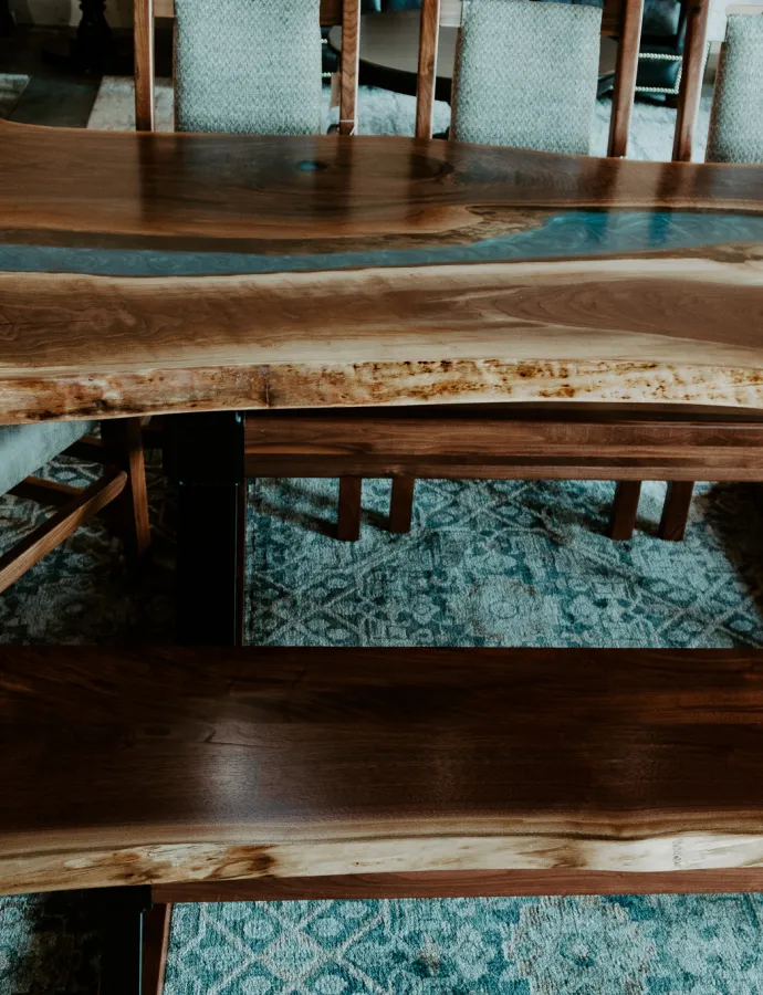 Blue Epoxy River Walnut Slab Dining Table