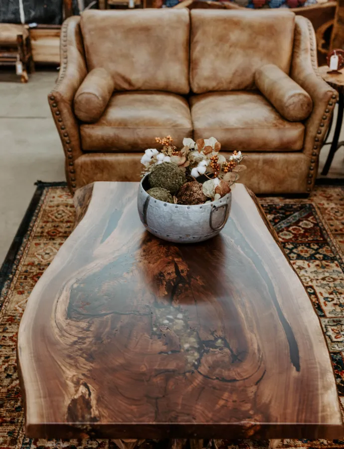 Leather Loveseat Walnut Wood Slab Coffee Table