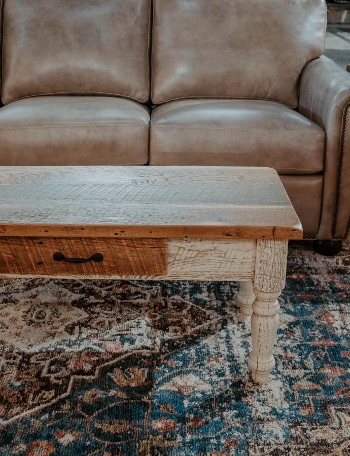 Turned leg white washed farmhouse coffee table amish