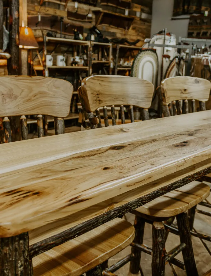 Solid Wood Hickory Table with Log Barstools