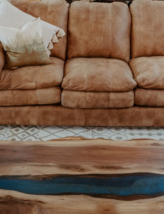 Leather Sectional with Blue River Epoxy Coffee Table