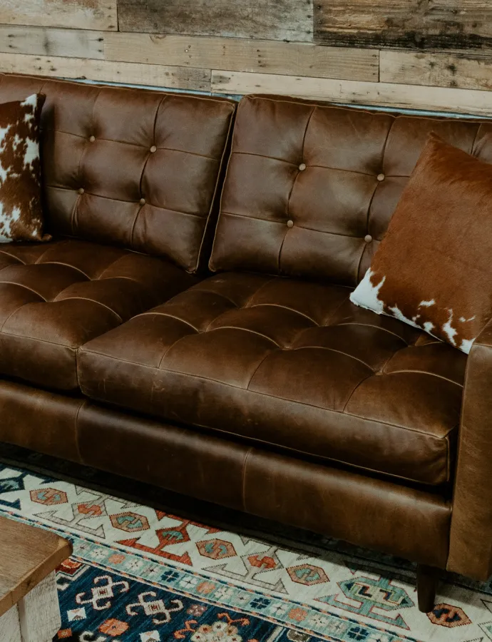 Brown Leather Tufted Sofa Cowhide Pillows