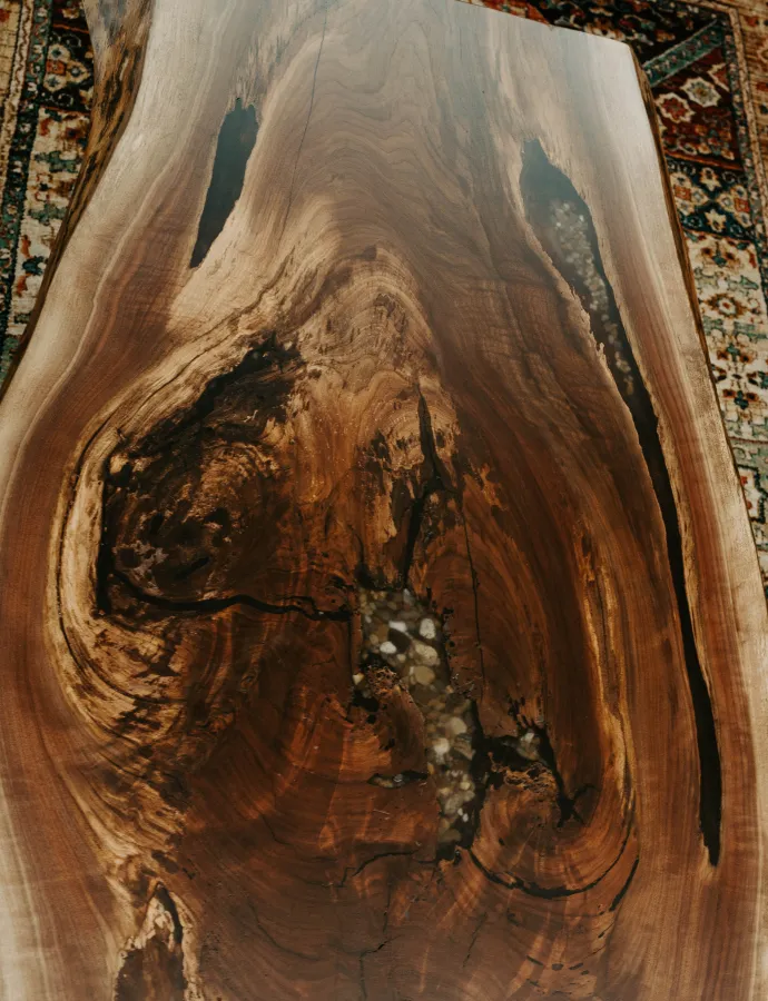 Black Walnut Wood Slab Coffee table with epoxy river rock accent 