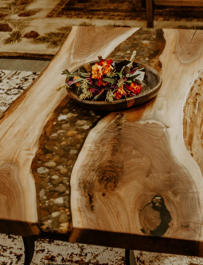 Black Walnut Wood Slab Coffee table with epoxy river rock accent 