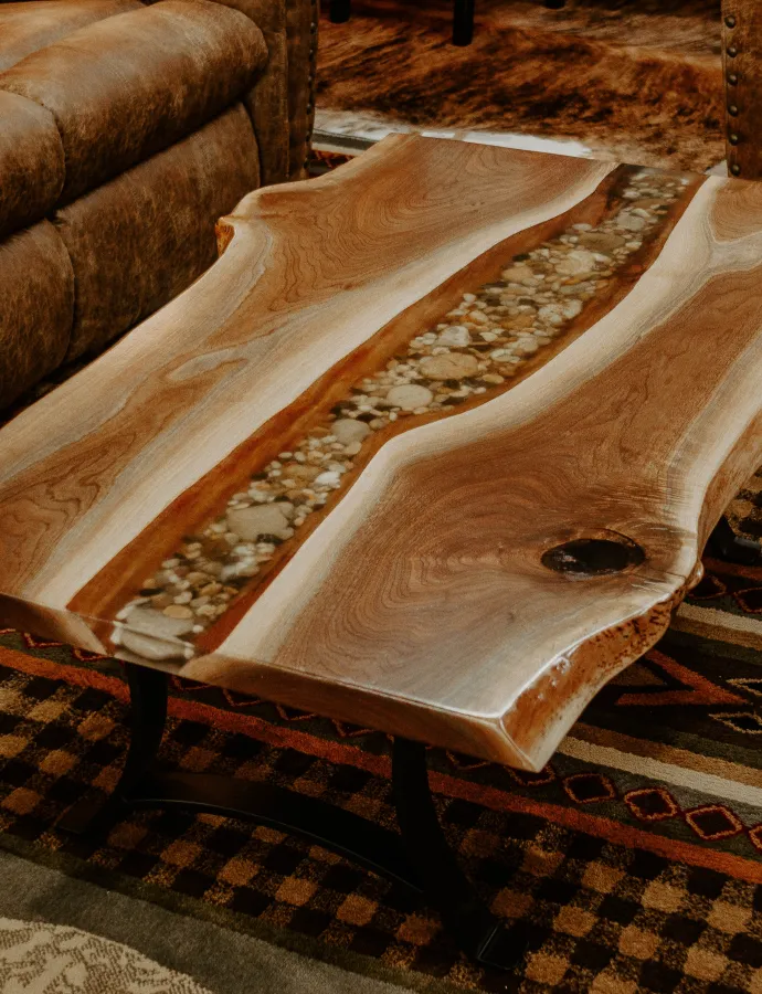 Black Walnut Wood Slab Coffee table with epoxy river rock accent 