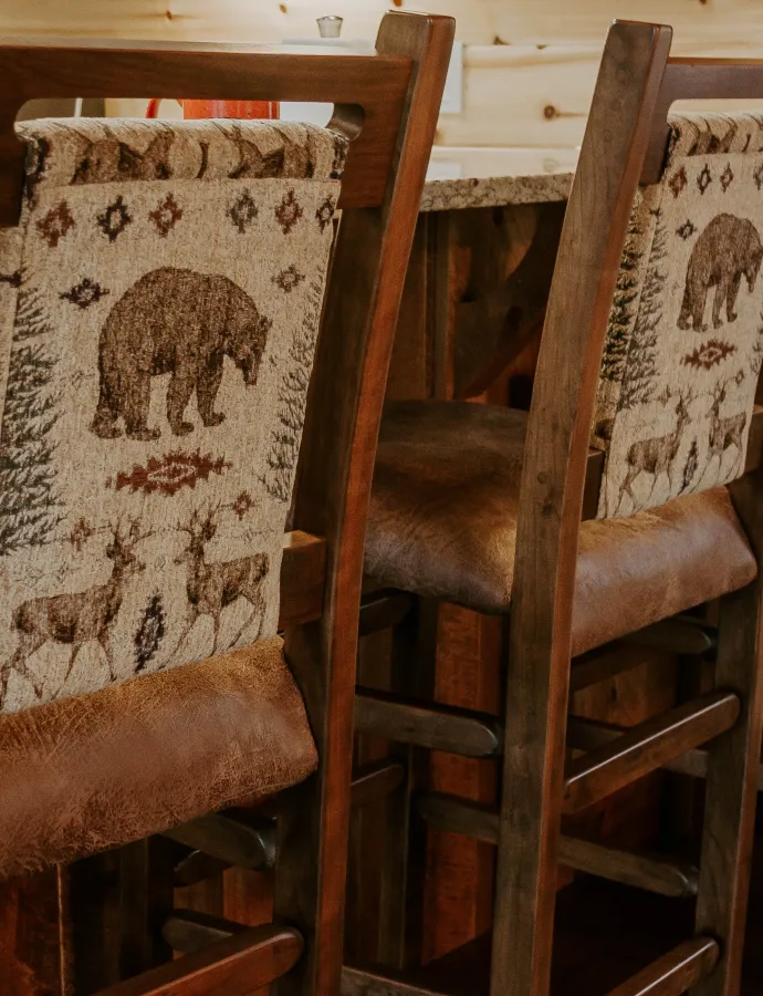 wooden bartsool bear upholstery rustic fabric