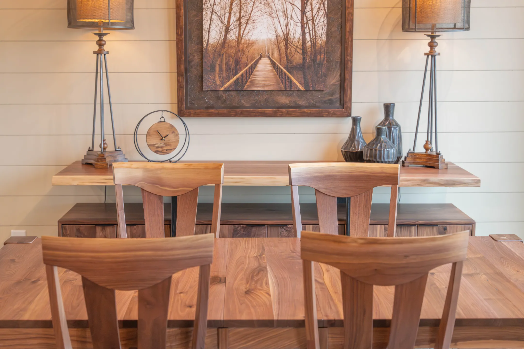 MODERN RUSTIC DINING TABLE WITH BLACK WALNUT LIVE EDGE DINING CHAIRS