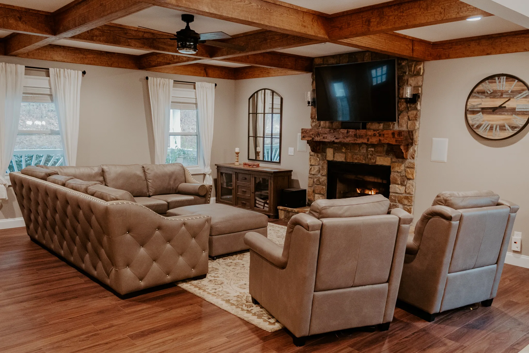 gray leather sectional rustic farmhouse interior design