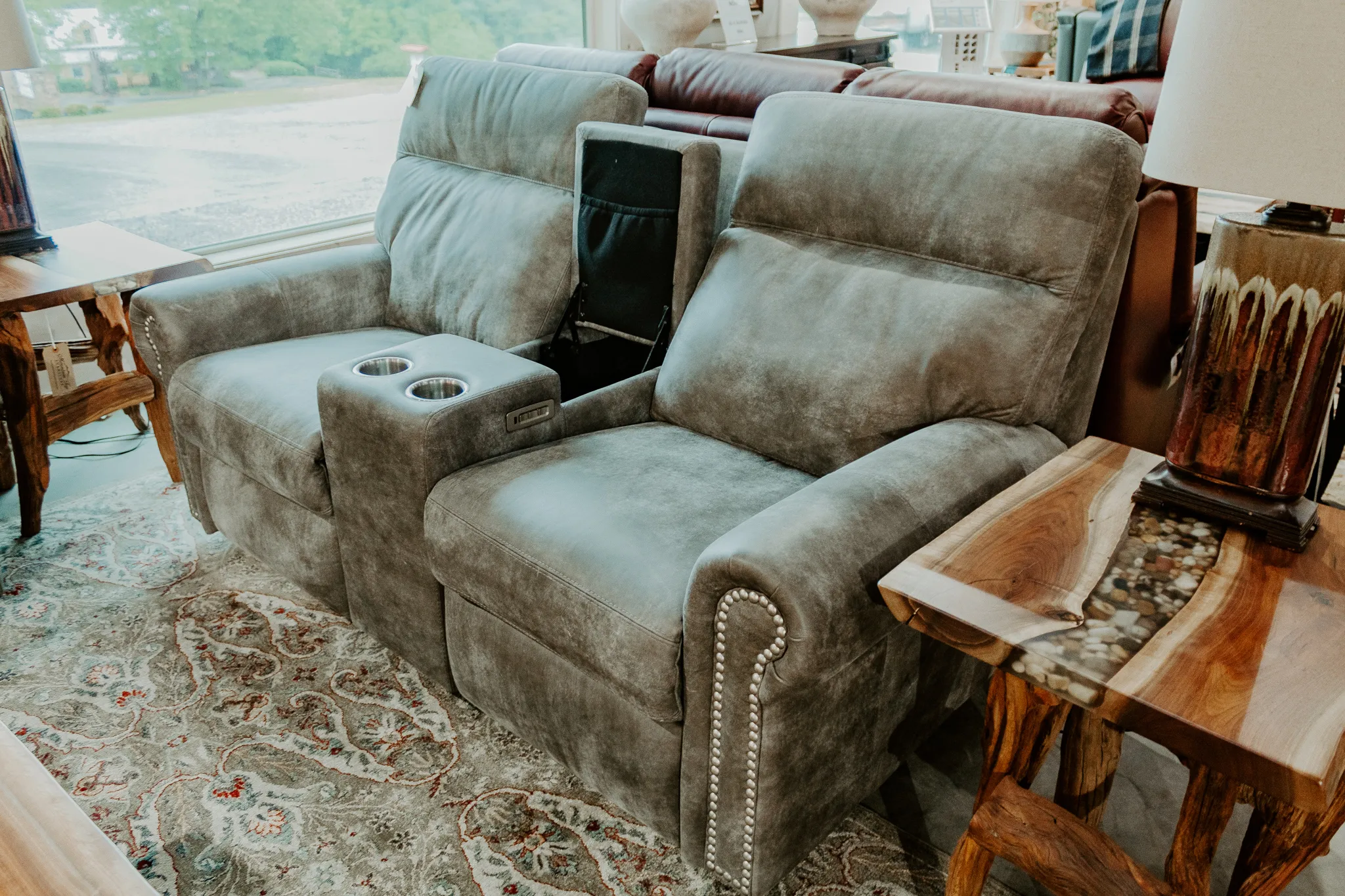 gray leather sofa console loveseat media room