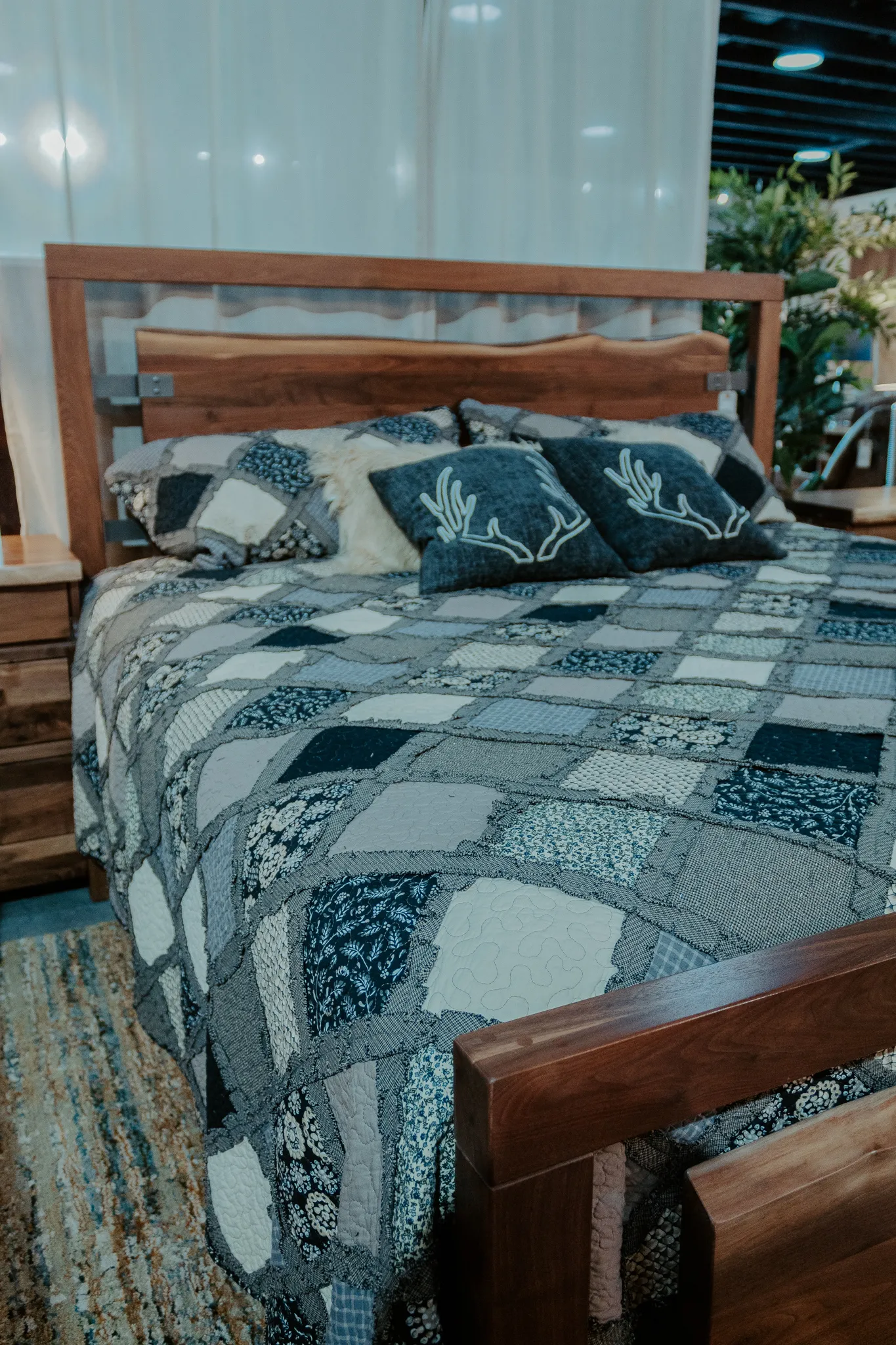gray patch quilt blue rustic bed amish made
