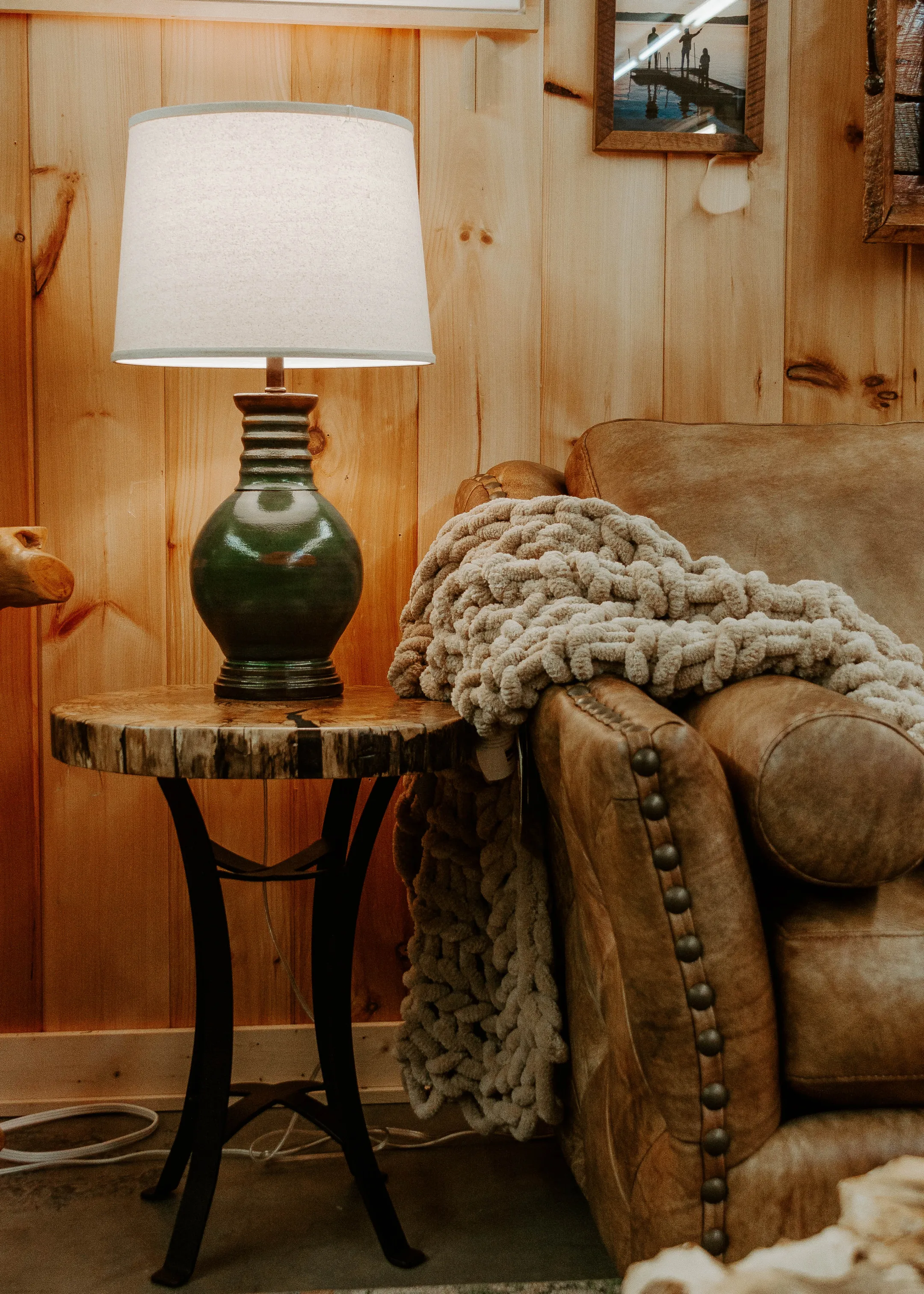 Lamp on End Table Rustic Leather Sofa