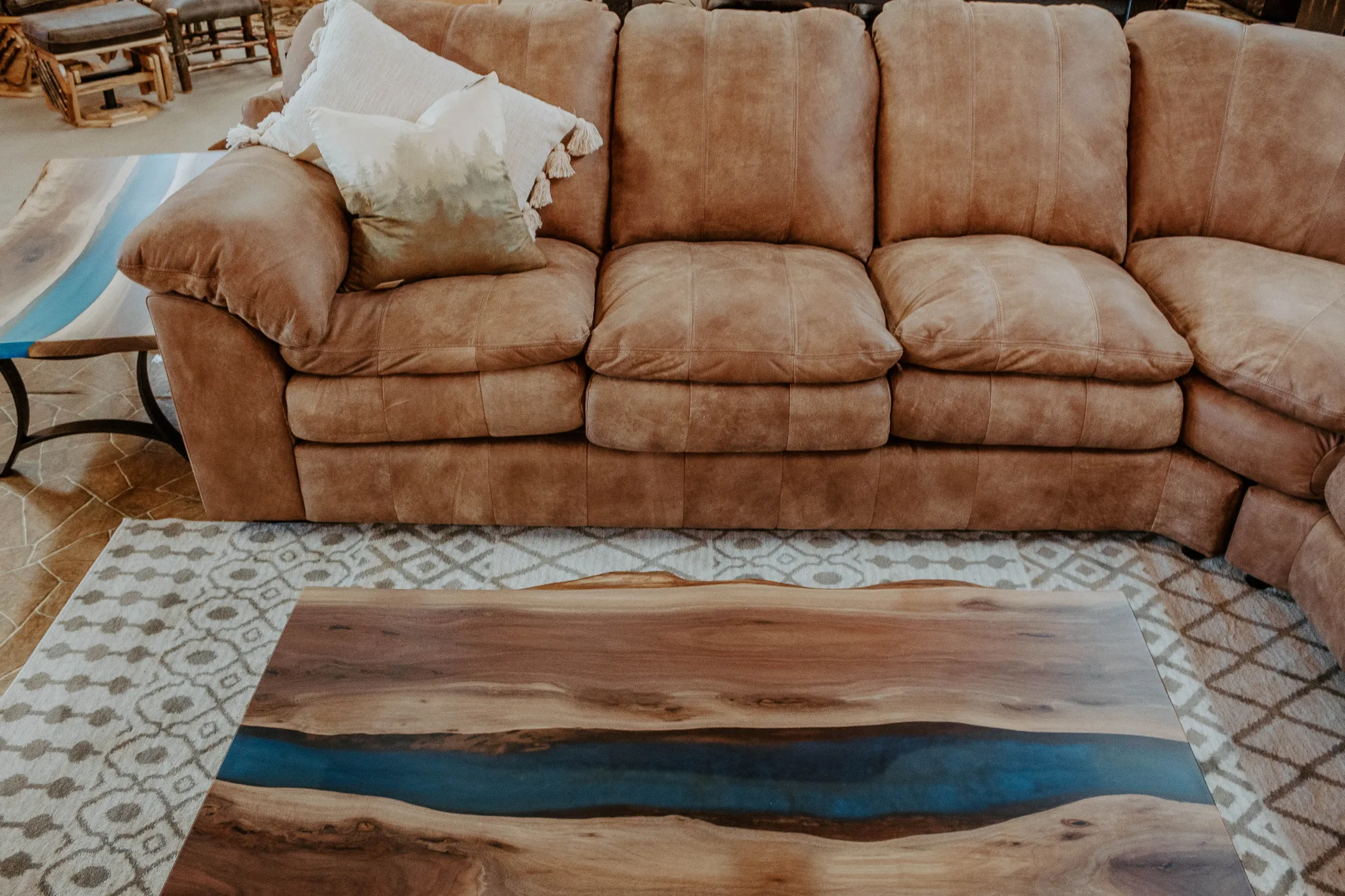 Leather Sectional with Blue River Epoxy Coffee Table