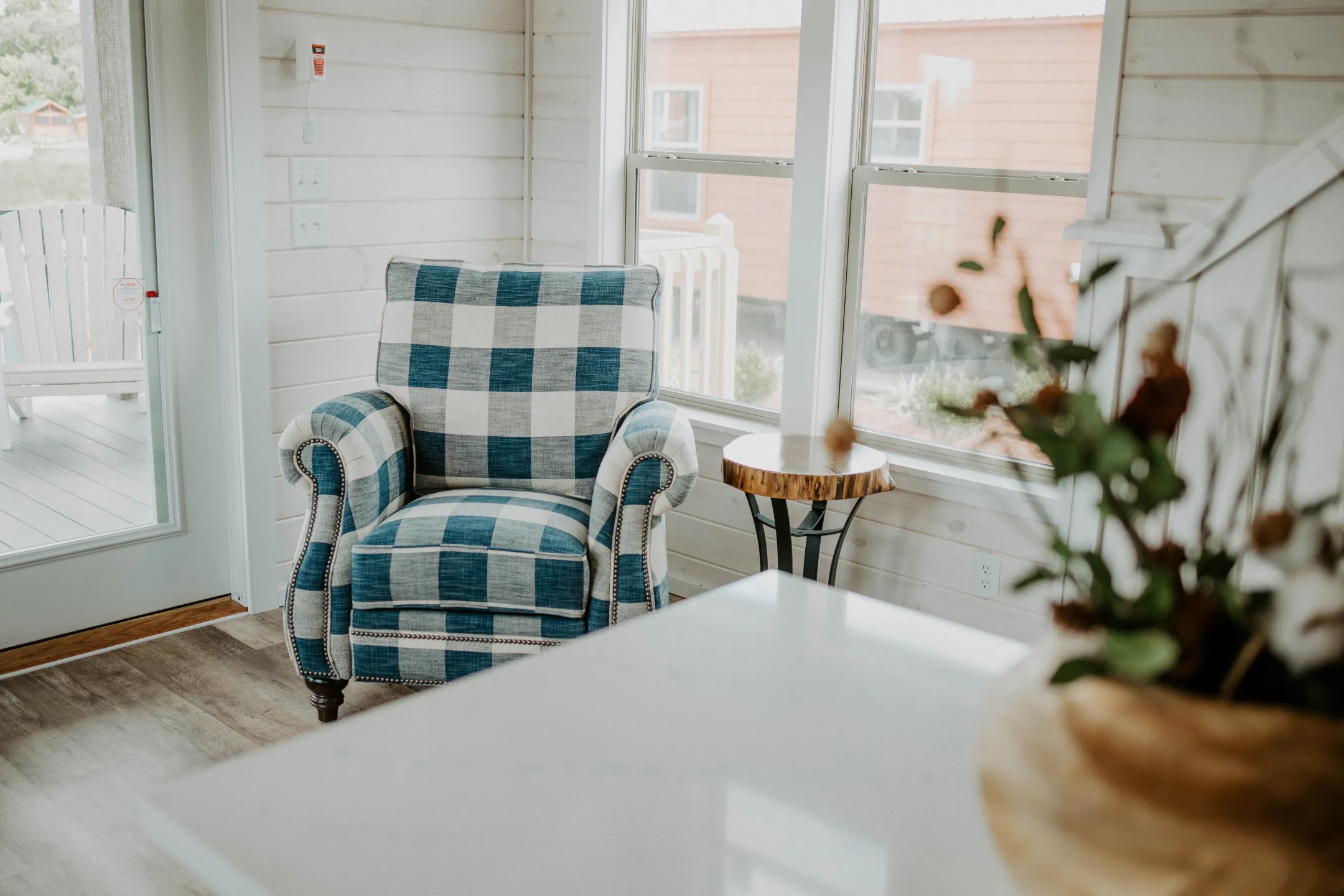 white and blue plaid farmhouse chair tiny home small house