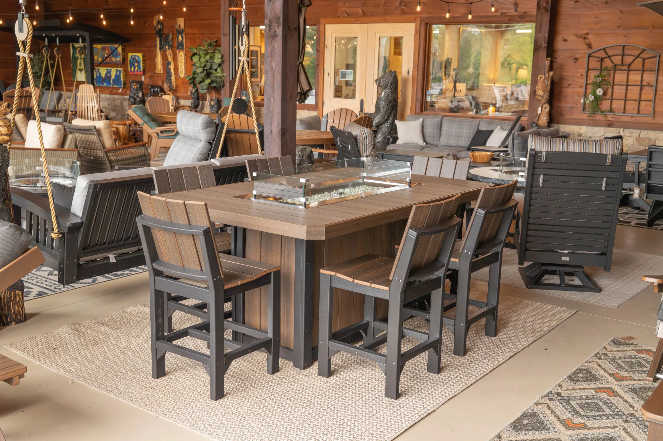 outdoor patio dining set with urban chairs and fire table