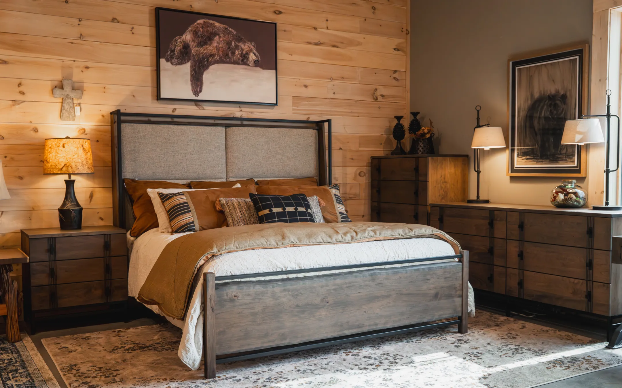 live edge bedroom set with fabric headboard