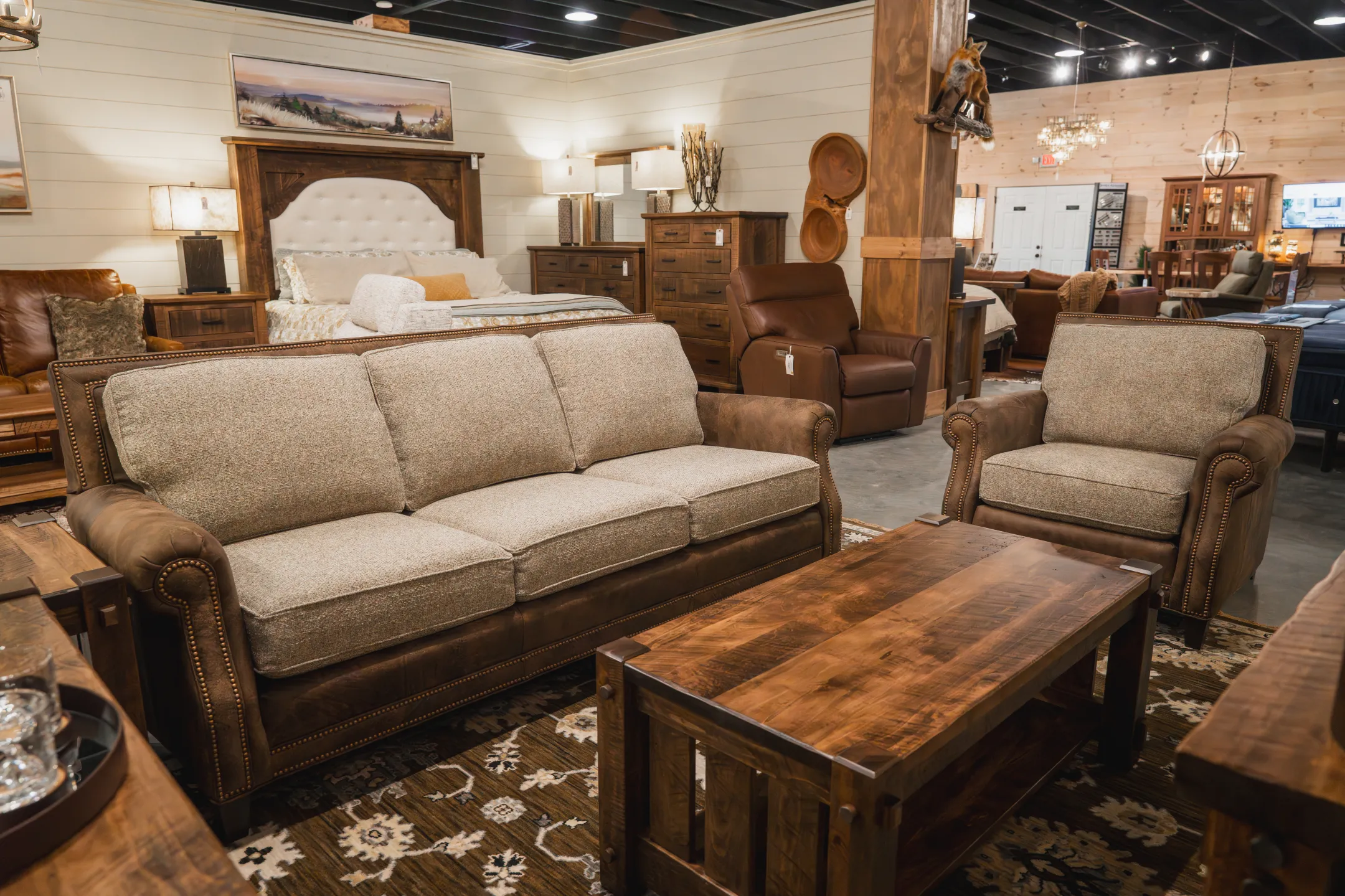 modern rustic living room set with a leather and fabric combination
