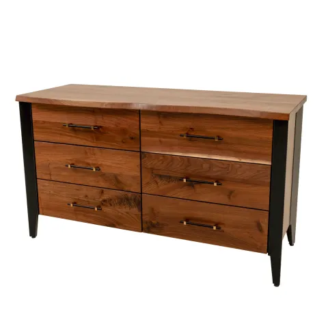 live edge dresser in black walnut with wrought iron metal accents