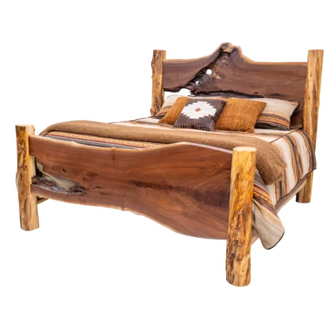 black walnut live edge slab bed with aspen posts