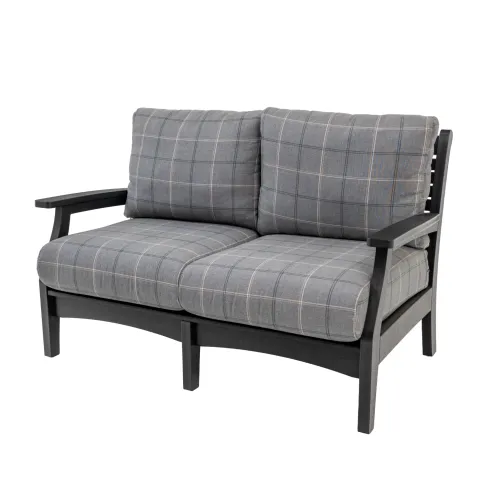 outdoor patio loveseat with sunbrella fabric with recycled poly lumber