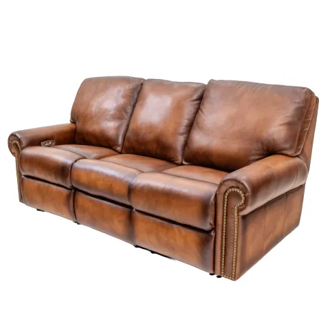leather power reclining sofa with a rolled arm and solid back