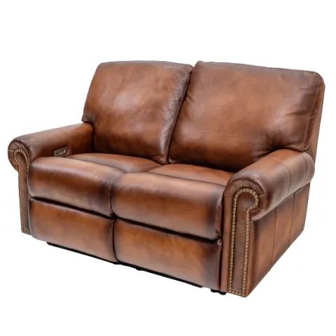 leather power reclining loveseat with a rolled arm and solid back