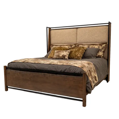 live edge bed with fabric headboard