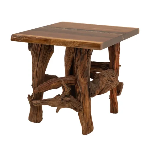 epoxy river rock end table with driftwood legs