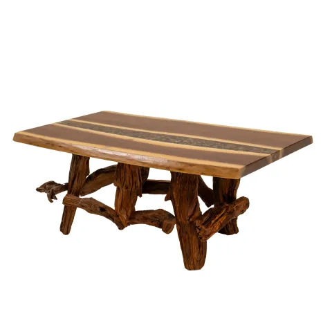 live edge coffee table with river rock epoxy