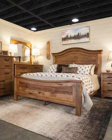 farmhouse bedroom set made with rustic hickory with a matte finish