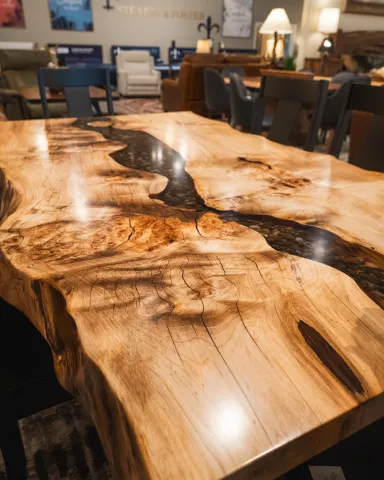 live edge maple slab epoxy dining table with river rocks