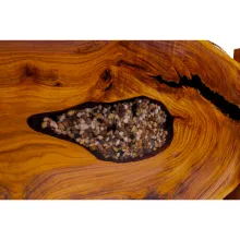 live edge black walnut slab bed with river rock epoxy